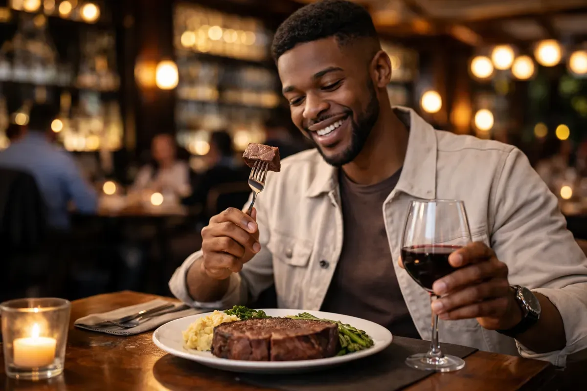 A man smiles while holding a fork and a glass of red wine, ready to enjoy a delicious steak dinner with sides.