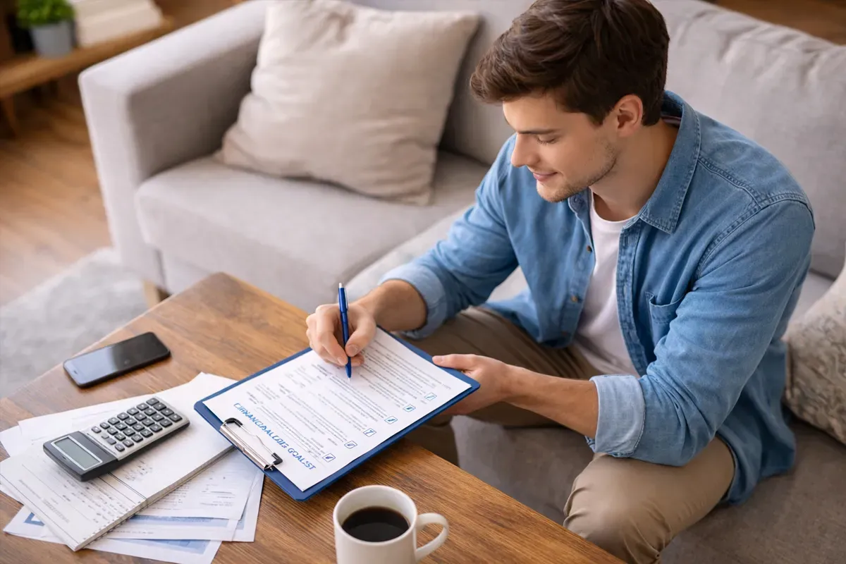 A man is seated on a couch, filling out a financial form on a clipboard. Nearby, a calculator and a cup of coffee are on the table.
