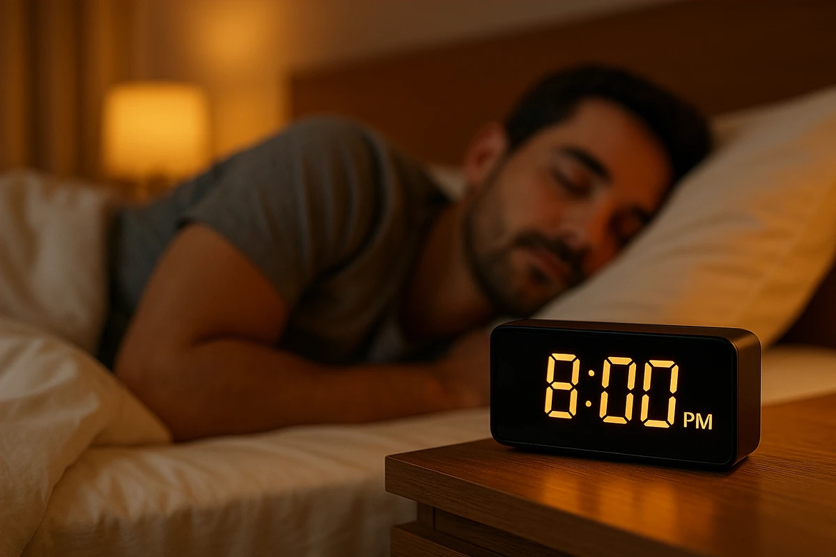 A man sleeps peacefully in bed next to a digital clock displaying 8:00 PM.