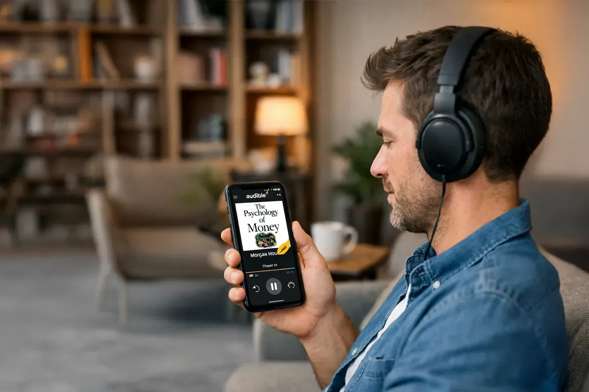 A man sitting in a cozy living room, listening to an audiobook titled 'Psychology of Money' on his smartphone while wearing headphones.