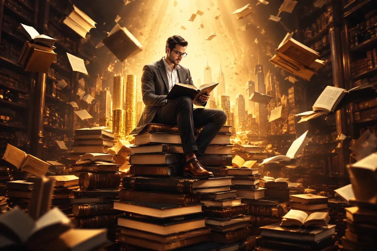 A man in a suit sits atop a pile of books, reading while golden light and floating pages surround him, creating a magical library atmosphere.