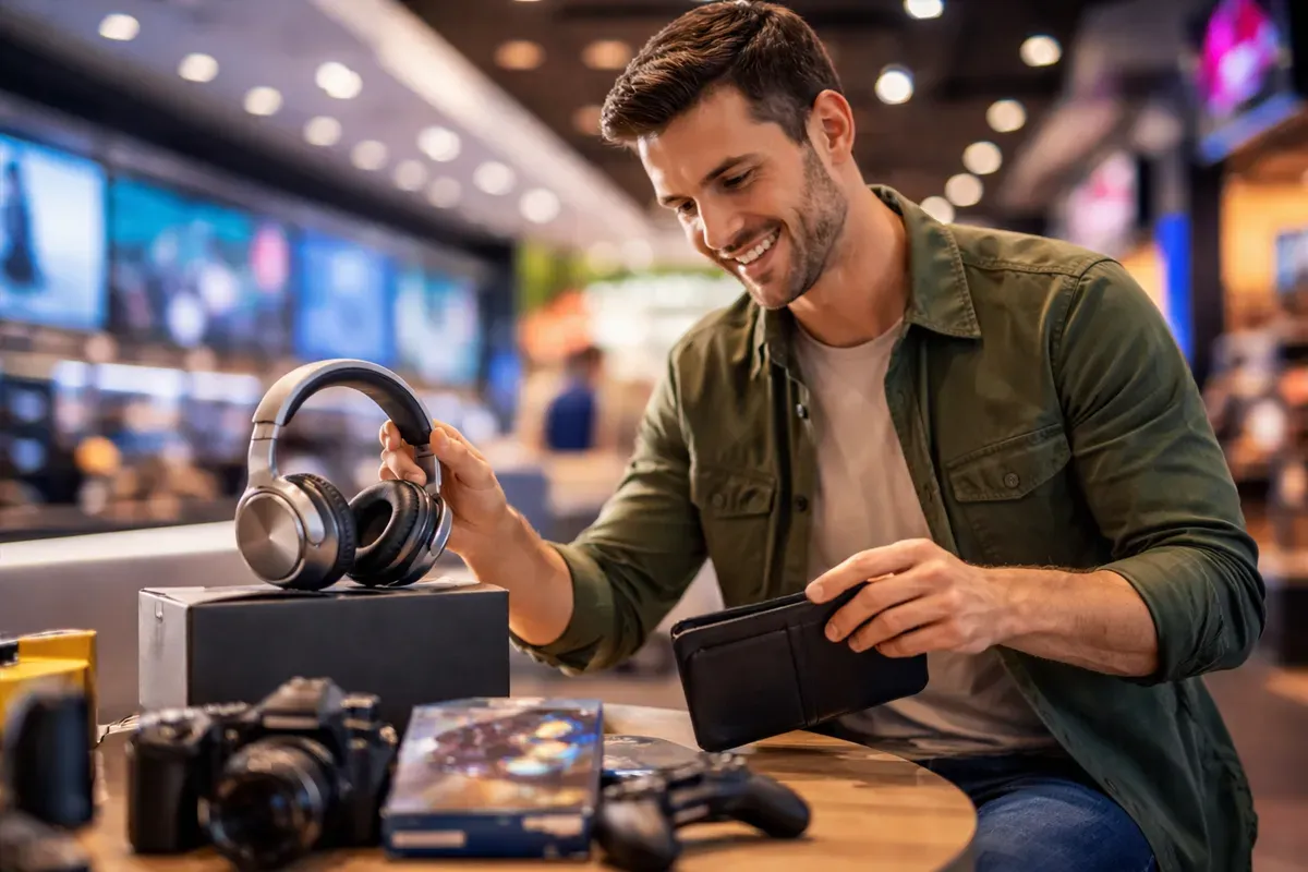 A man is smiling while examining headphones in an electronics store, surrounded by cameras and gaming consoles.