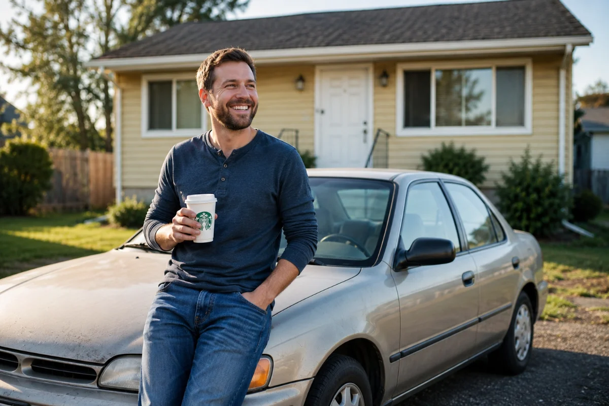 A man sits on the hood of a car holding a coffee cup, smiling happily. The background features a residential house and green shrubs.