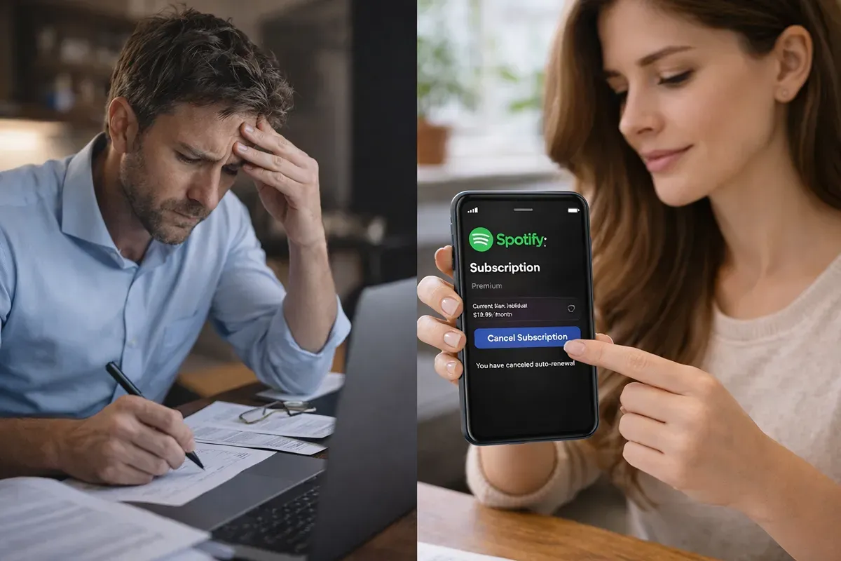 A man looks stressed while reviewing financial documents, and a woman is canceling her Spotify subscription on her phone.
