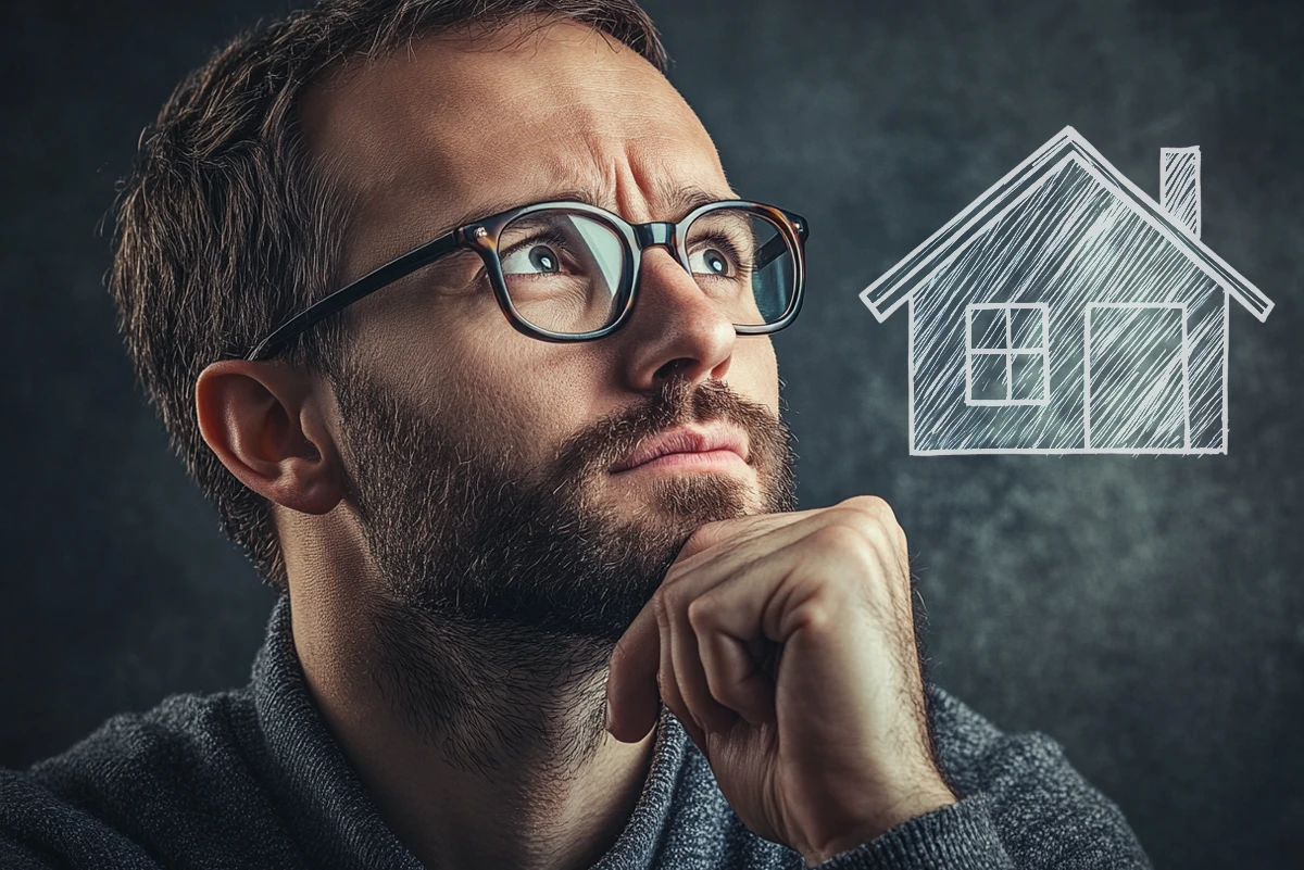 Man contemplating drawn house, considering real estate.