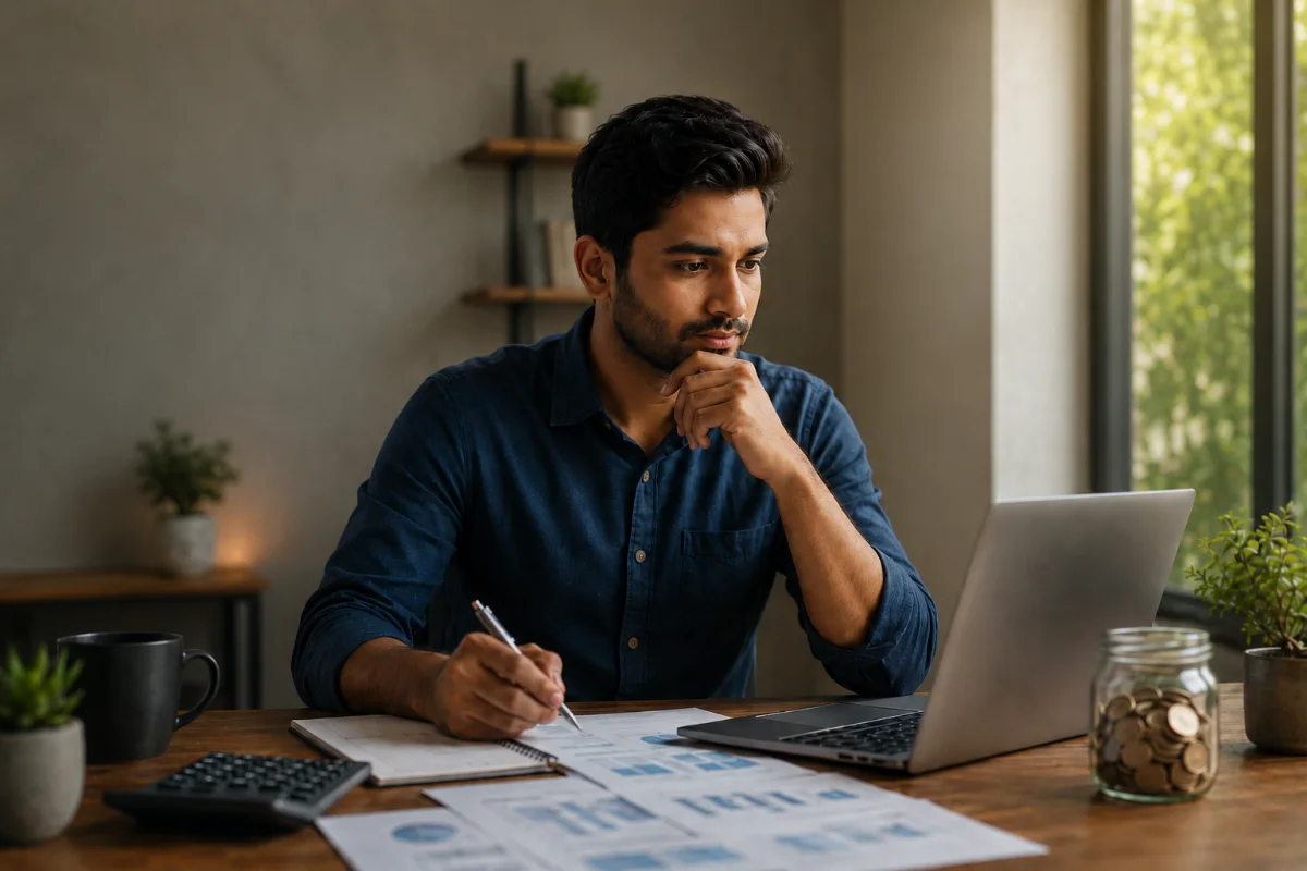 A man focused on his laptop while taking notes on a notepad. The workspace includes a calculator and potted plants, creating an inspiring work environment.