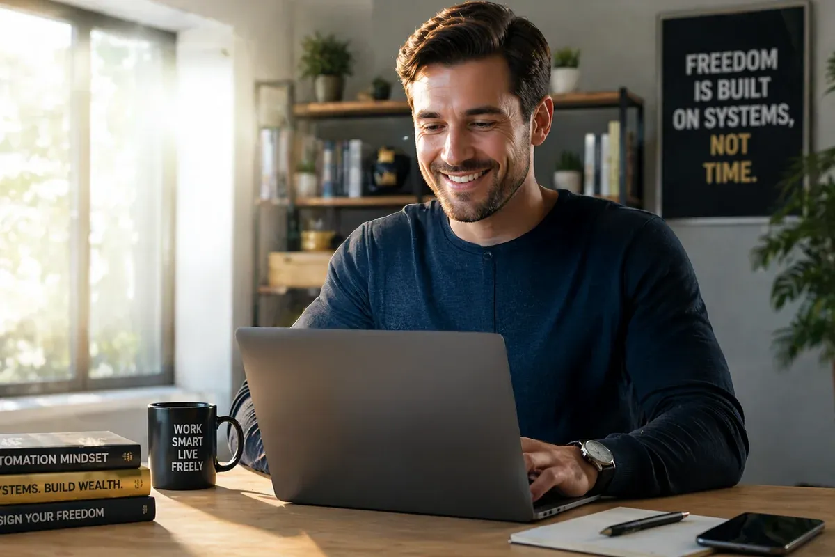 A man smiling while working on a laptop at a desk surrounded by books and a coffee mug. The room has a bright and inviting atmosphere.