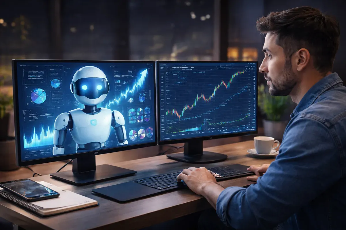 A man analyzes stock charts on dual monitors while interacting with a humanoid robot displaying data. The setting is modern and tech-oriented.