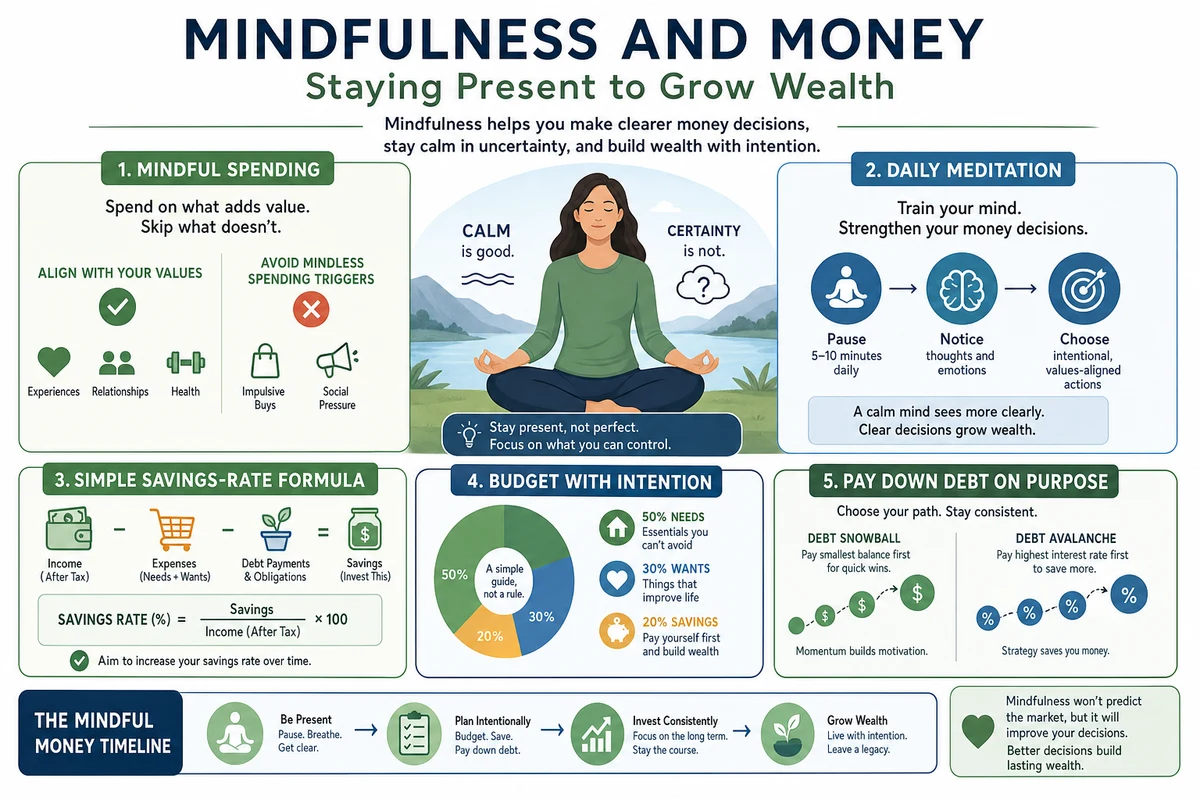 Infographic explaining apply mindfulness to investing without confusing calm with certainty