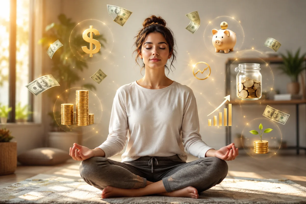 A young woman meditates while surrounded by floating symbols of wealth, including coins, dollar signs, and a piggy bank, suggesting a focus on financial mindfulness.