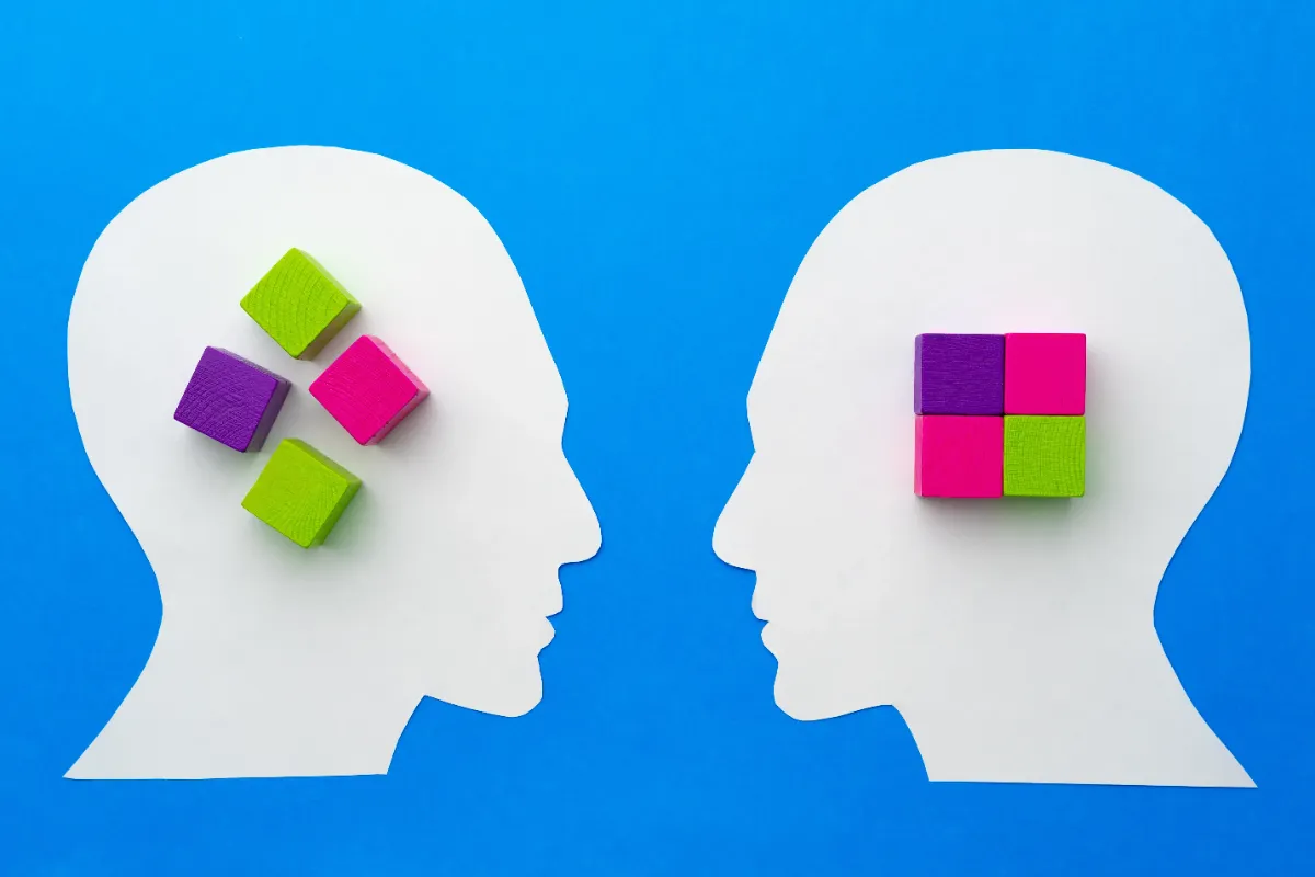 Two silhouetted heads with scattered and organized blocks, representing clearer financial decision-making.