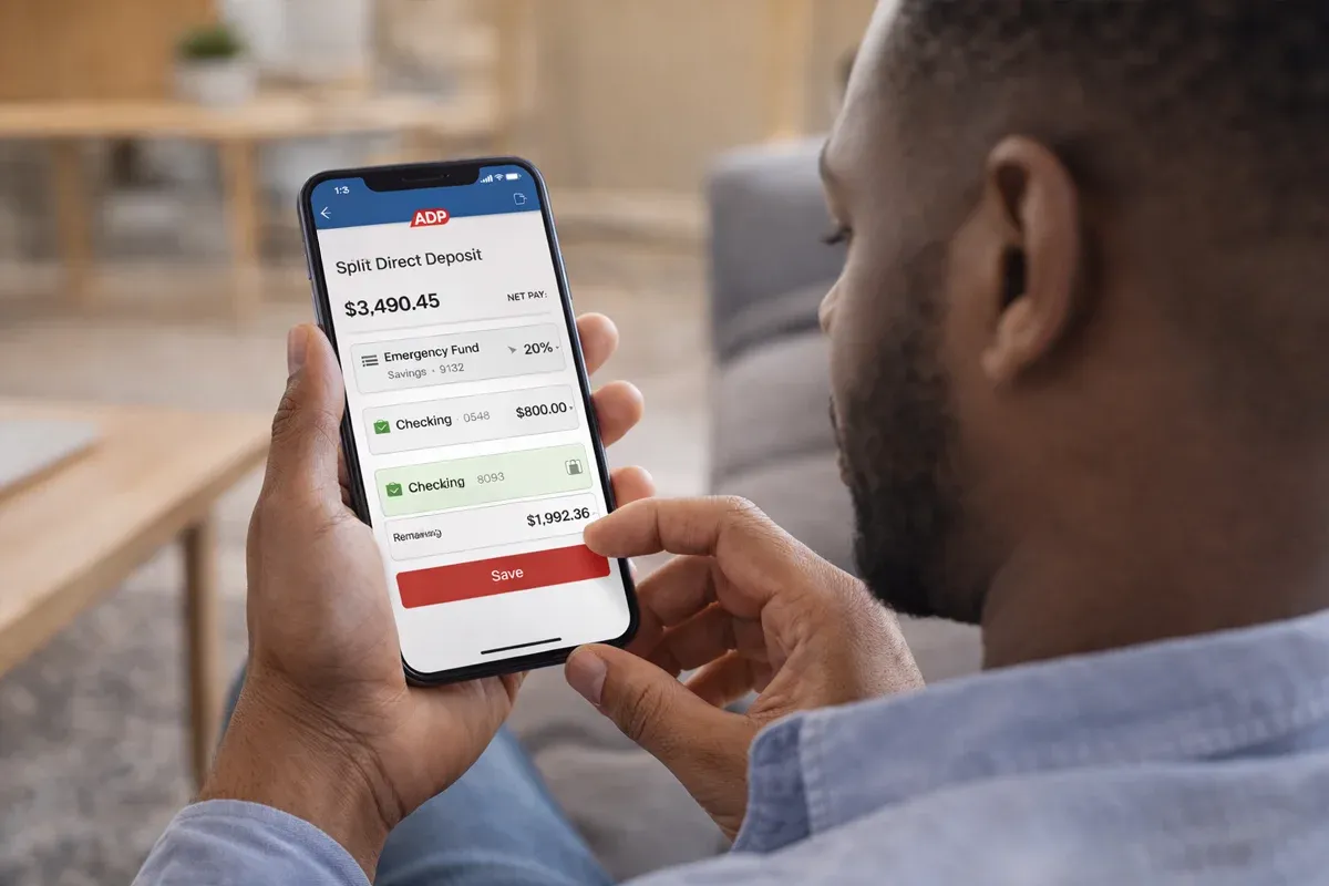 A person using a mobile banking app to view their direct deposit information and account balances.