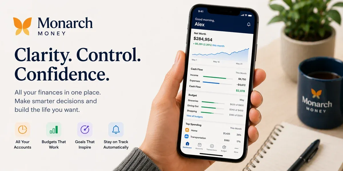A smartphone displaying the Monarch Money financial dashboard with account details and a spending graph. The background features a notebook and a pen, suggesting a planning theme.