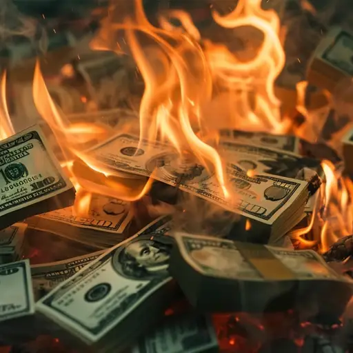 Burning stacks of US dollar bills with fire.