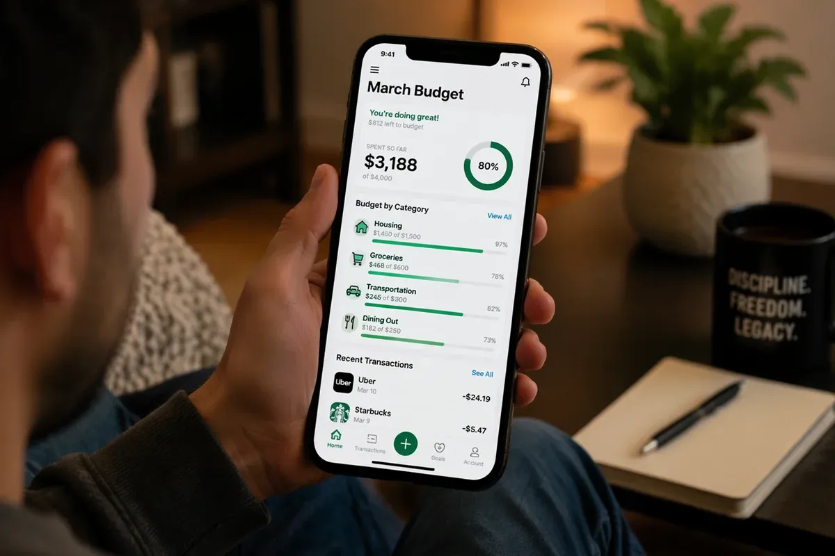 A person interacting with a smartphone app showing a detailed monthly budget breakdown and spending categories.