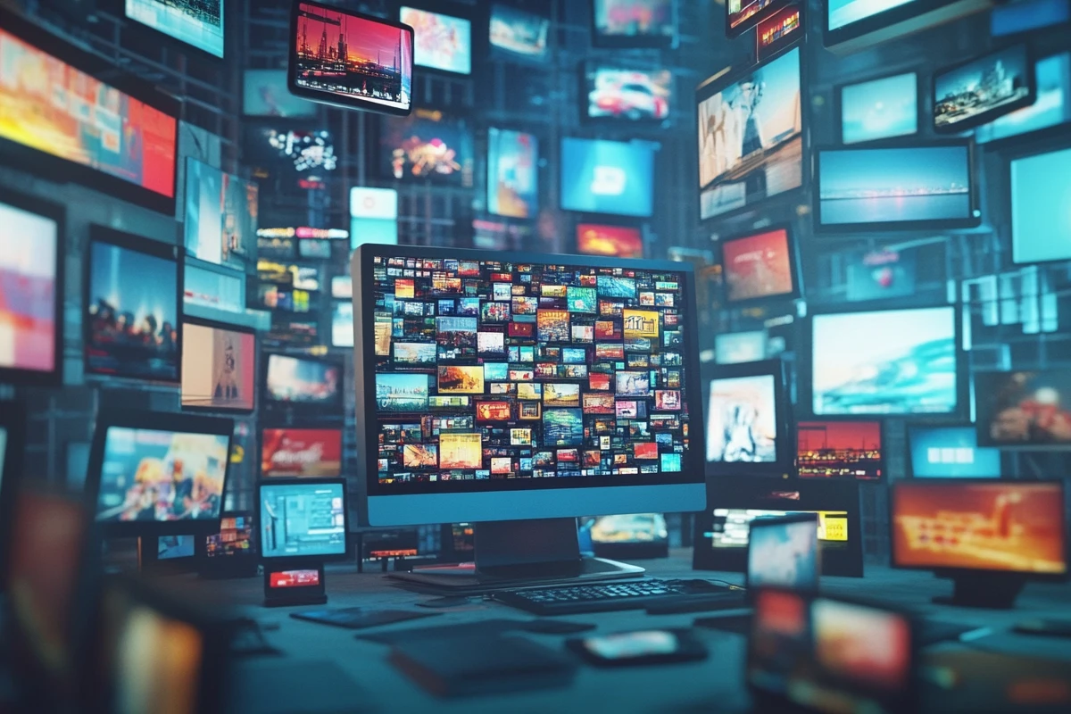 Multiple screens displaying diverse multimedia content