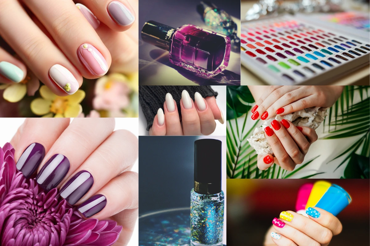 Various nail designs and colors including pastels, bold reds, and purples, alongside nail polish bottles and samples.