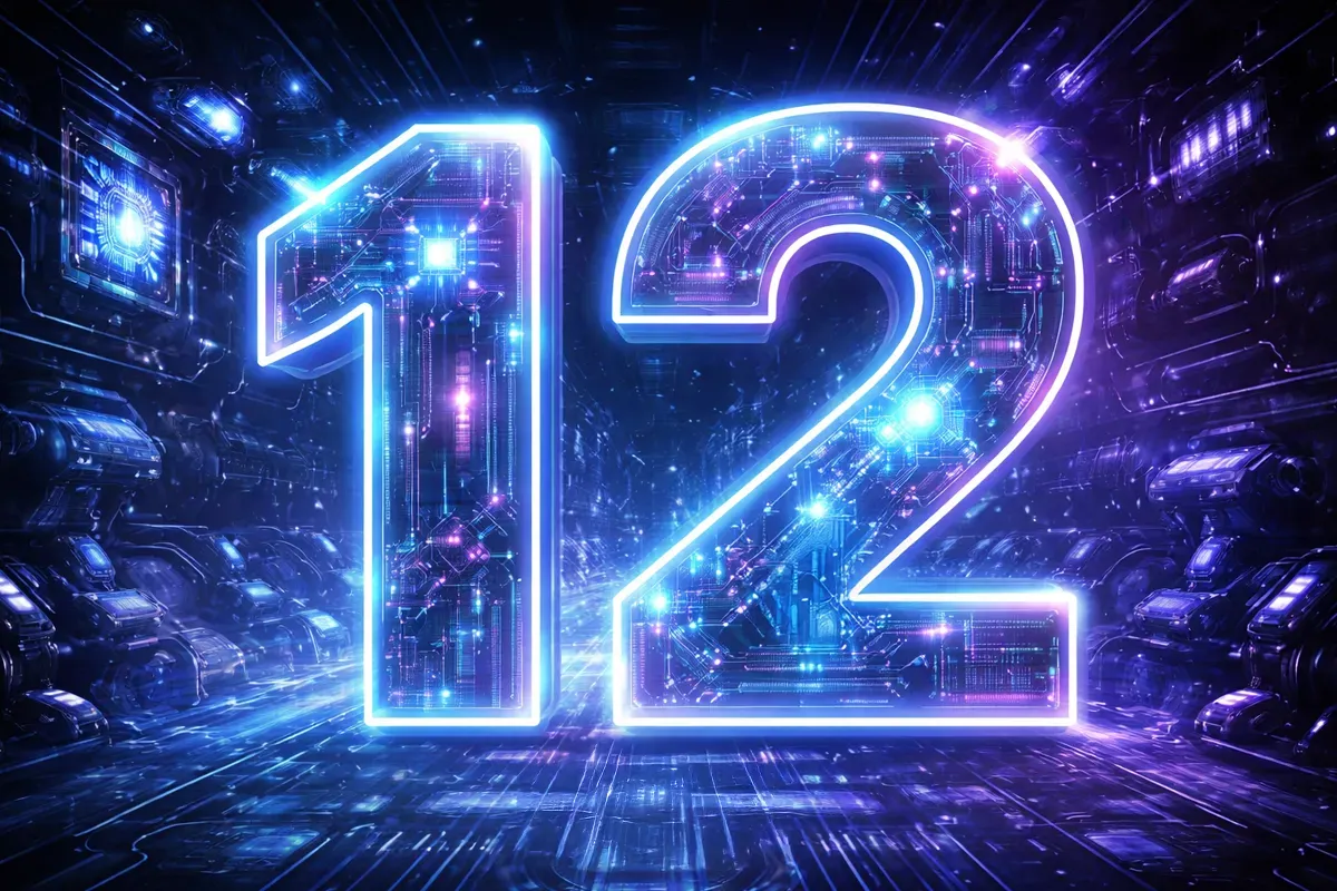 A vibrant digital depiction of the number twelve in glowing neon lights, set against a futuristic background with colorful glowing elements.