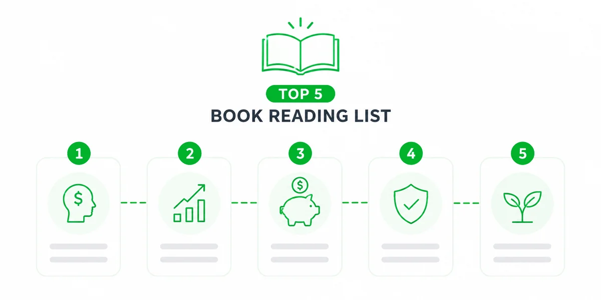 A graphic showcasing a top five book reading list, with icons representing themes like learning, finance, savings, security, and growth.