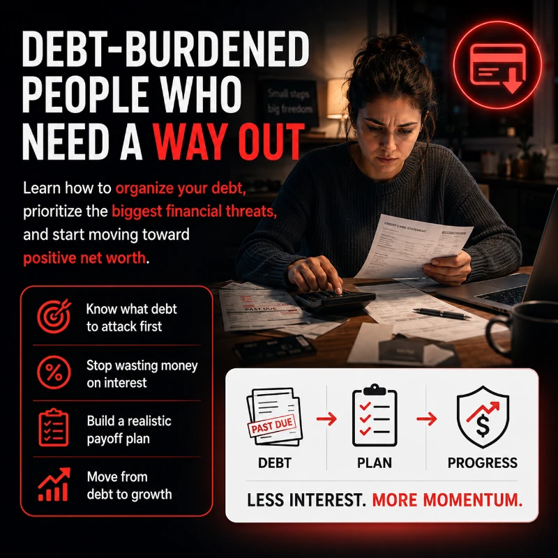 A person sitting at a table, looking stressed while reviewing bills and financial statements. The image promotes strategies to manage debt and improve financial health.