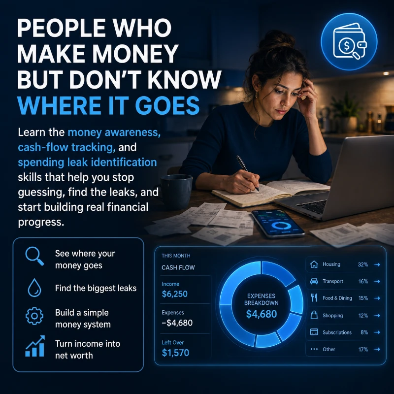 A woman working on a laptop with financial documents, emphasizing money awareness and cash flow tracking strategies.