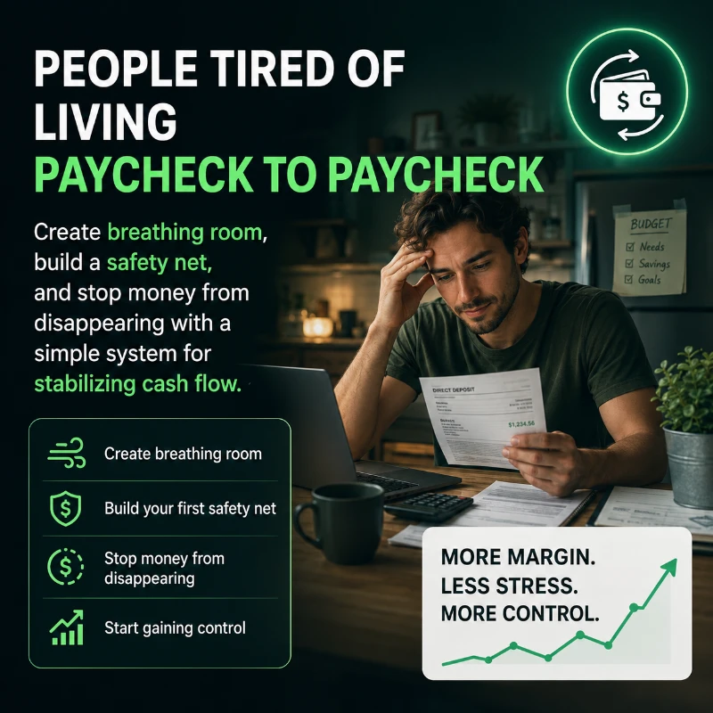 A man looking concerned while reviewing financial documents at a desk, emphasizing the stress of living paycheck to paycheck and the importance of financial strategies.