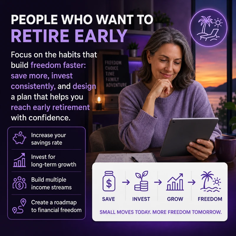 A woman using a tablet to explore retirement planning tips. The graphic emphasizes saving, investing, and achieving financial freedom.
