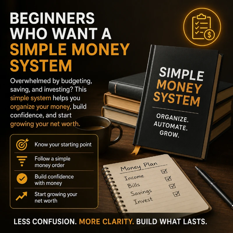 A guide on organizing and automating money management for beginners, featuring a notebook with a checklist for budgeting, savings, and investment.