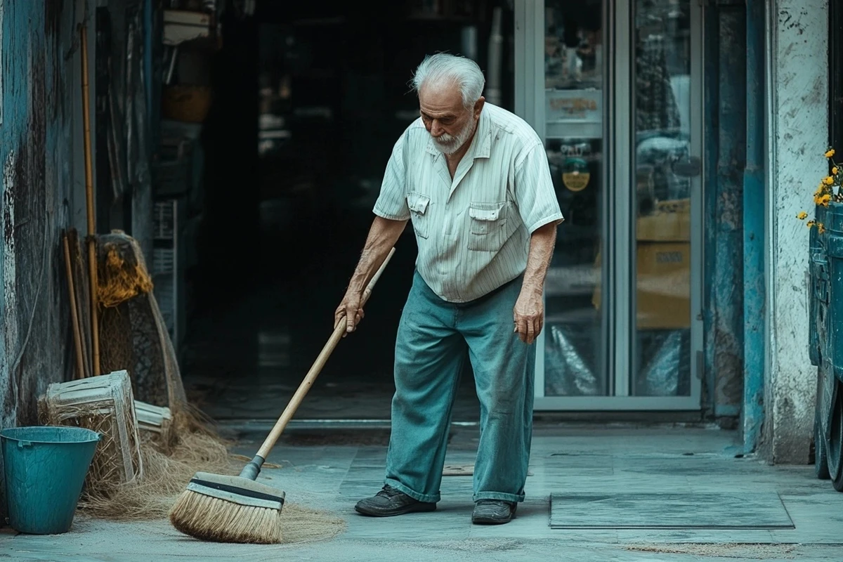 Elderly man sweeping street outside storefront