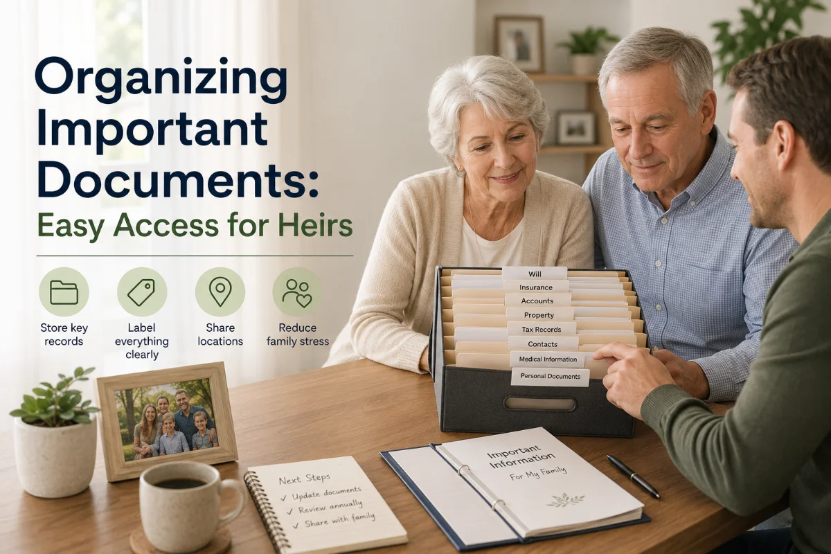 A couple discusses organizing important documents, using a storage box to categorize files and information like wills and insurance.