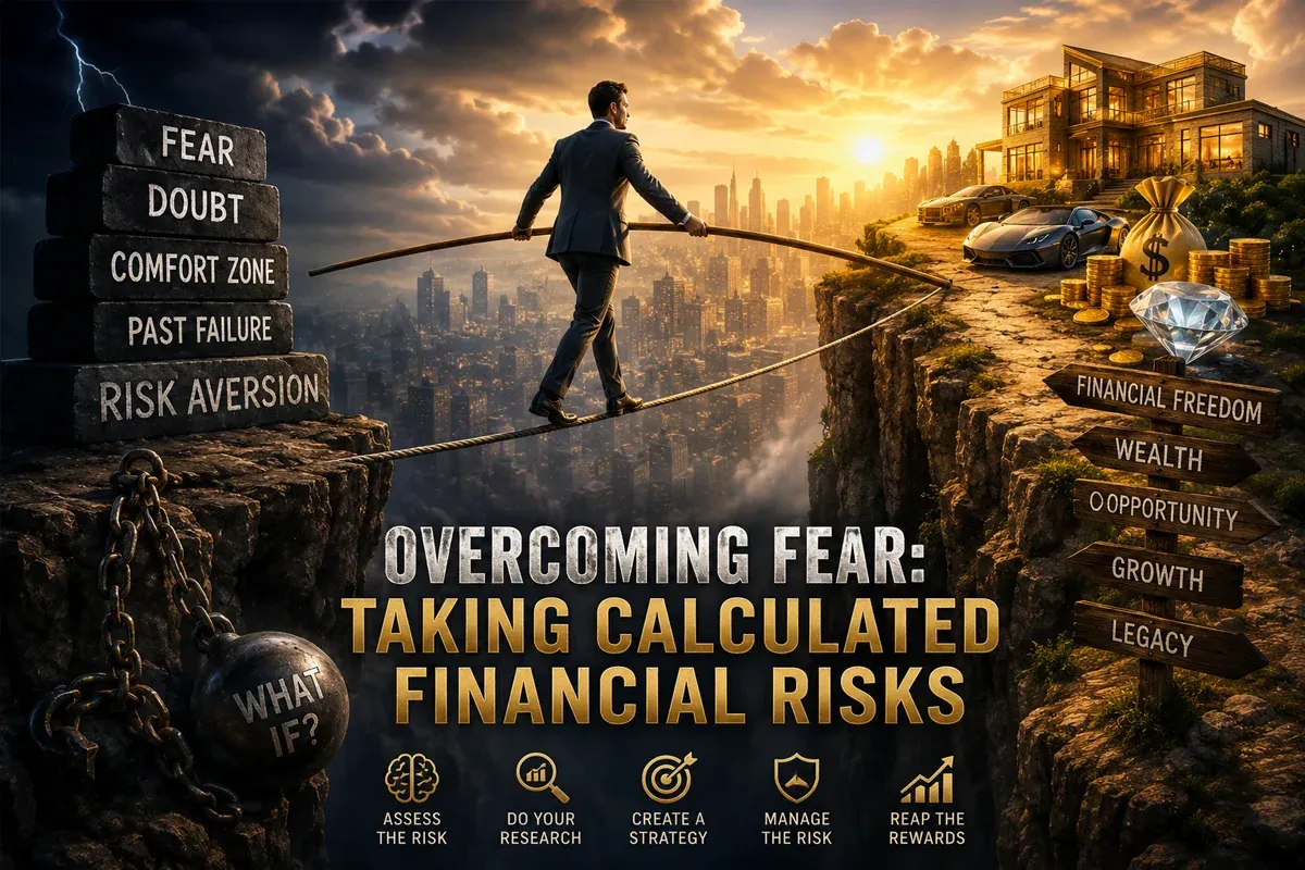 A businessman walks on a tightrope between two cliffs, symbolizing the balance of taking calculated financial risks. Surrounding imagery represents financial freedom, opportunity, and wealth.