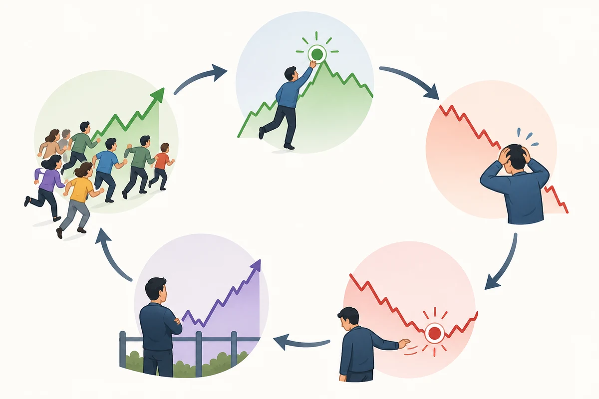 Infographic traces performance chasing, panic selling, and watching the eventual recovery from cash