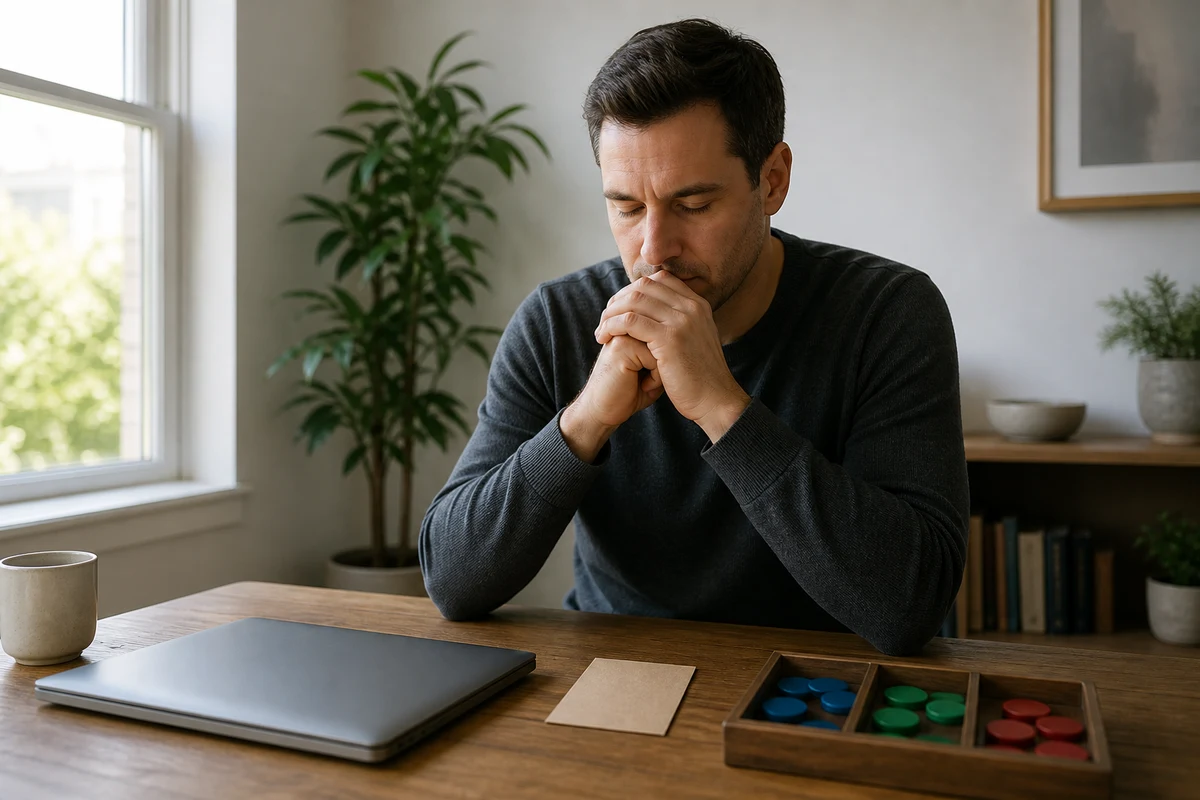 An investor pauses at a desk before changing a diversified portfolio during market volatility.