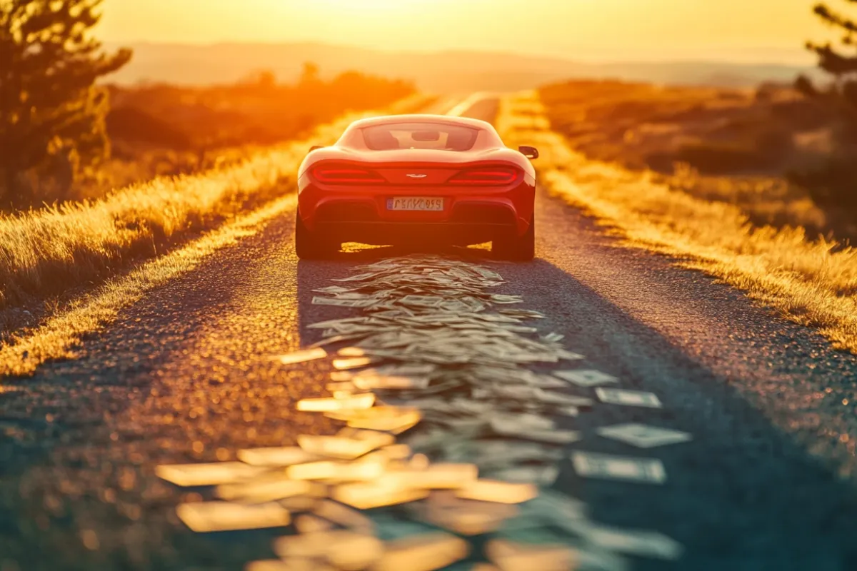 Red sports car driving on road at sunset