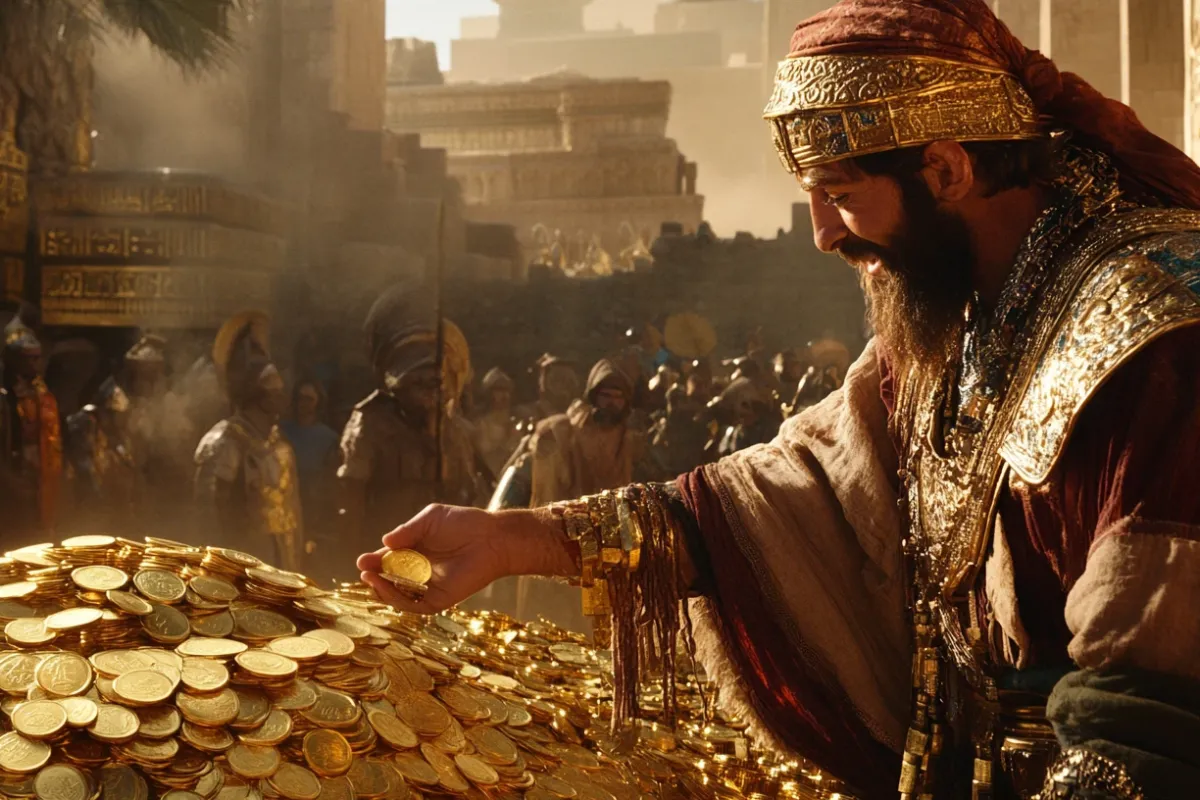 Man with gold coins in ancient Babylon setting.