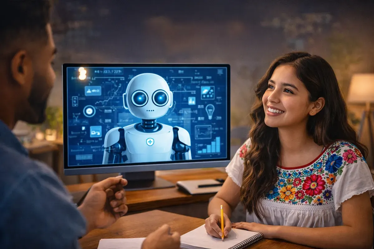 A woman smiles while interacting with a man discussing artificial intelligence, which is displayed on a computer screen. The screen shows a robotic figure with various data visualizations.
