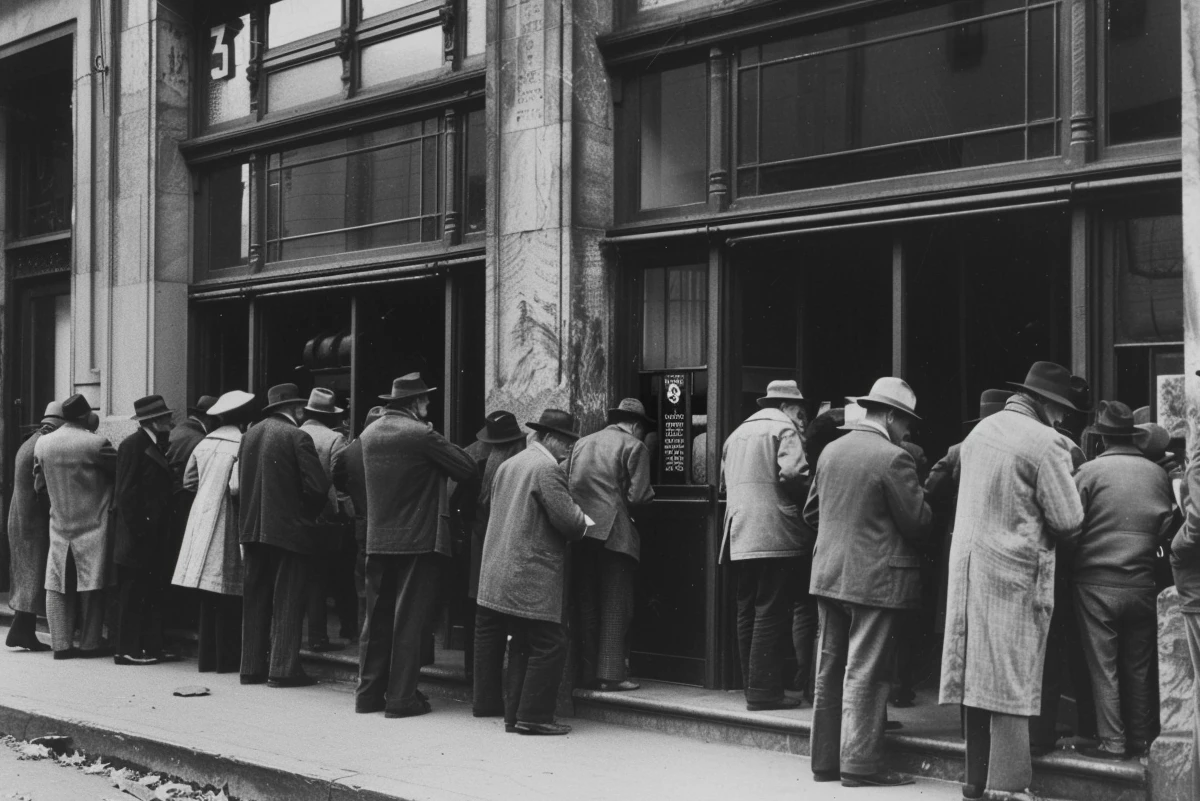 Men in coats lines outside a bank entrance.
