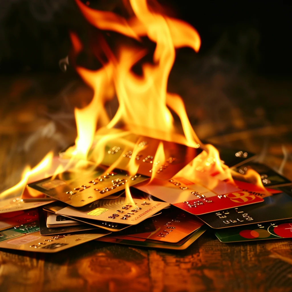 Pile of credit cards on fire sitting on a wooden table