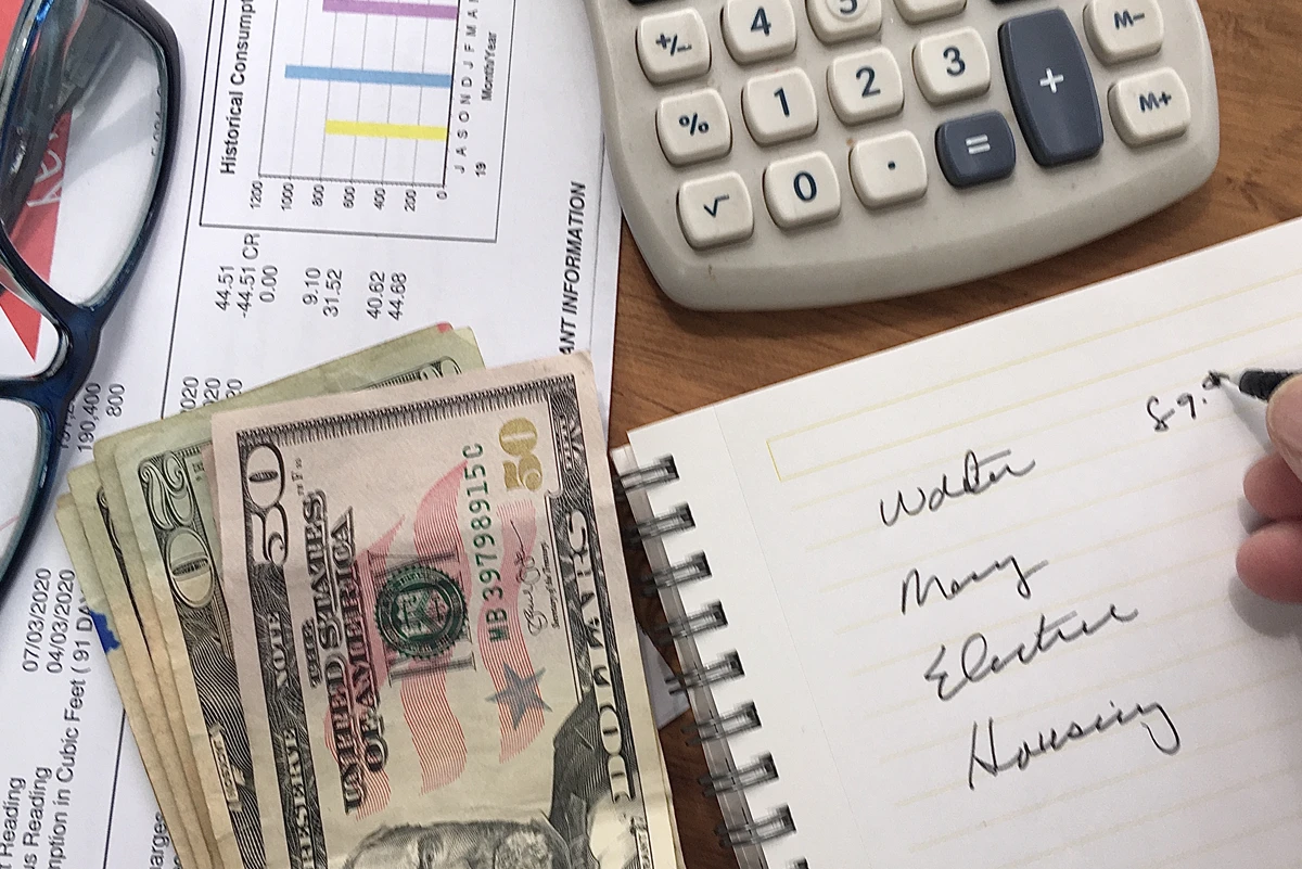 Budget planning with calculator, bills, and cash.