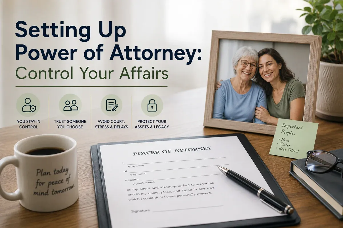 A desk scene featuring a power of attorney document, a coffee mug, and a framed photo of two smiling women. The text emphasizes control and protection of assets.