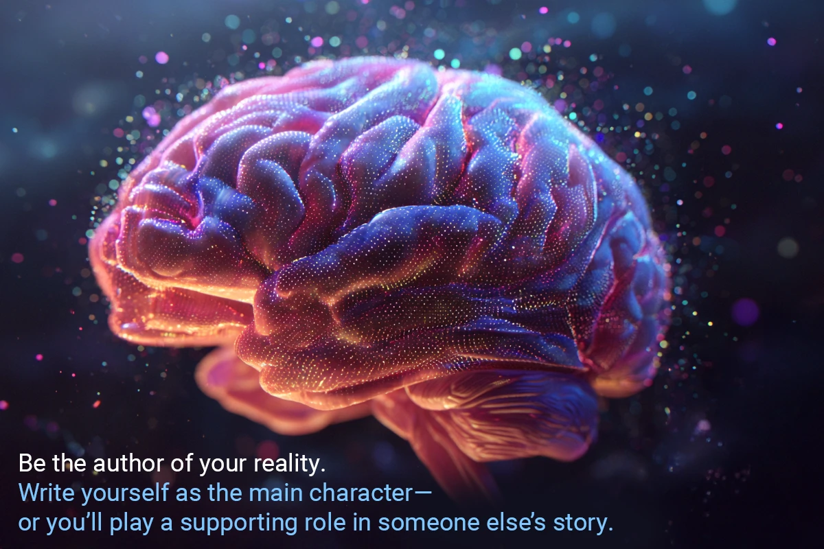 A digitally rendered glowing brain surrounded by vibrant light particles, accompanied by an inspirational quote at the bottom left.