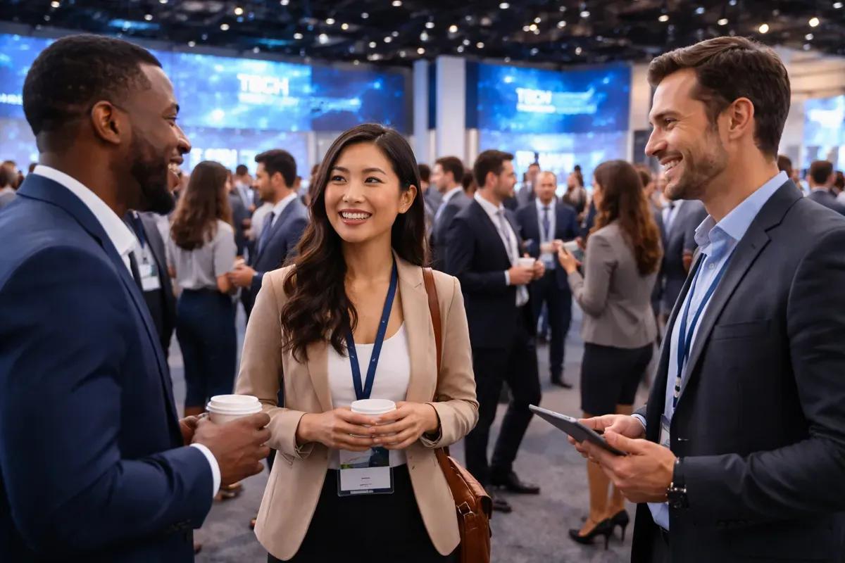 Three professionals engage in conversation at a networking event, holding coffee cups and a tablet. The backdrop features a busy conference atmosphere with many attendees.