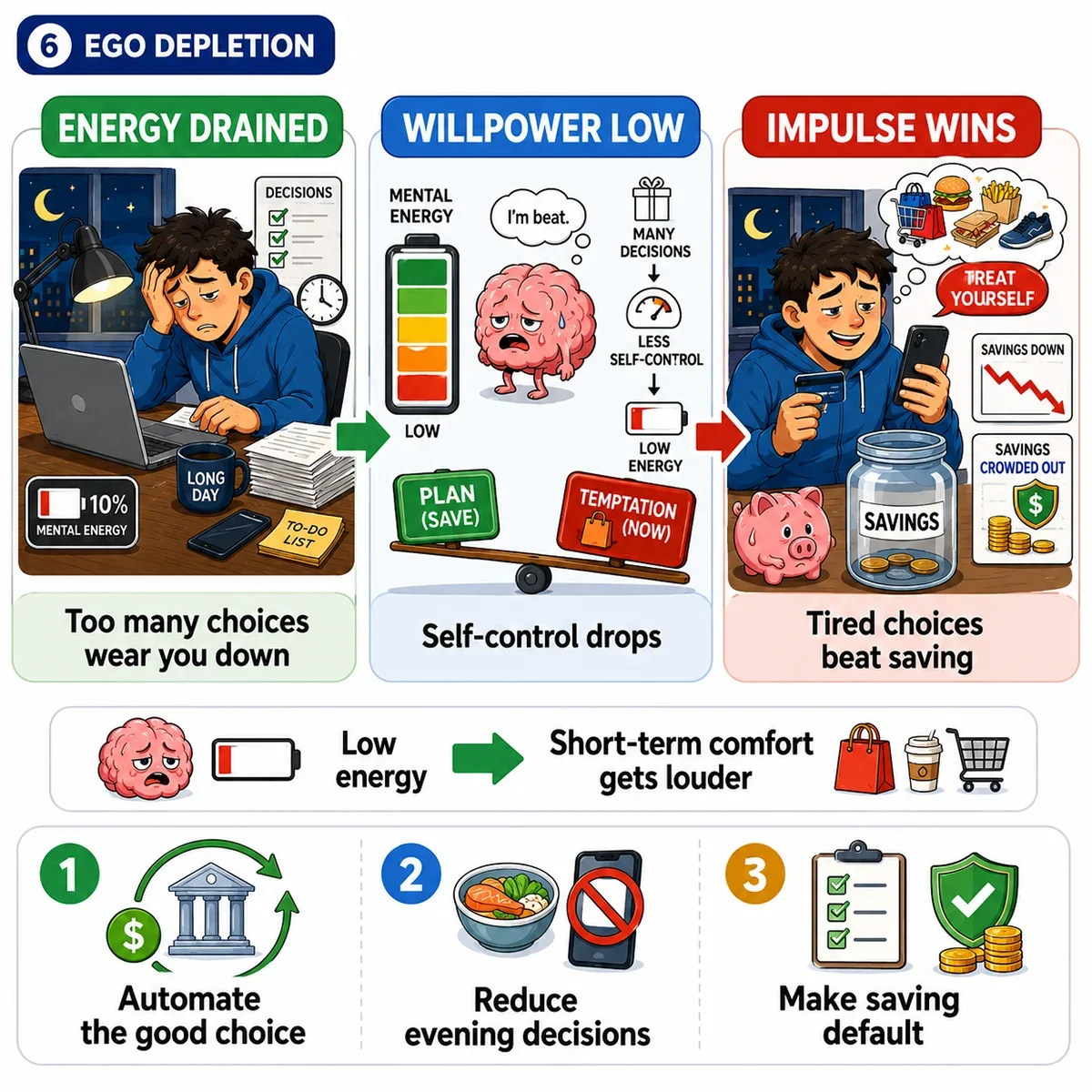 A diagram illustrating ego depletion through energy drained, willpower low, and impulse wins. Highlights the effects of decision fatigue and strategies to automate choices.