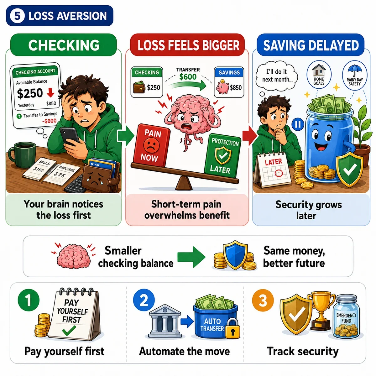 An illustration depicting the concepts of loss aversion in financial decision-making, showcasing emotional responses to checking accounts, savings, and security growth.