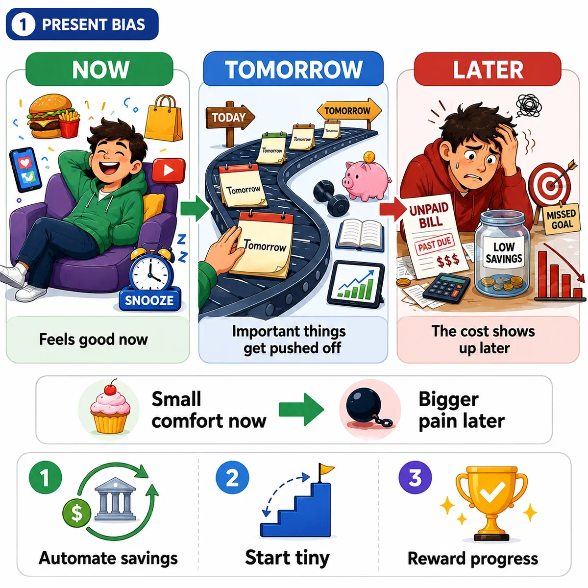 An illustration depicting present bias with three timeframes: now, tomorrow, and later. It contrasts immediate comfort with future consequences of delayed actions.