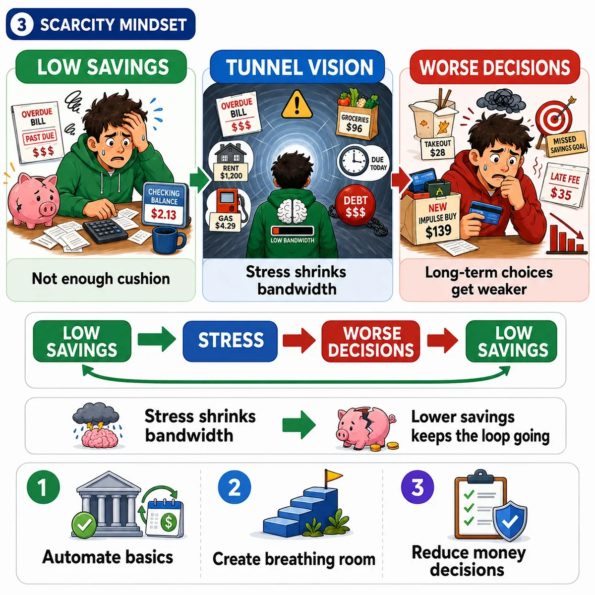 An illustration depicting the cycle of scarcity mindset leading to low savings, increased stress, and poor decision-making. The graphic outlines the effects of financial stress and offers three suggested solutions for better management.