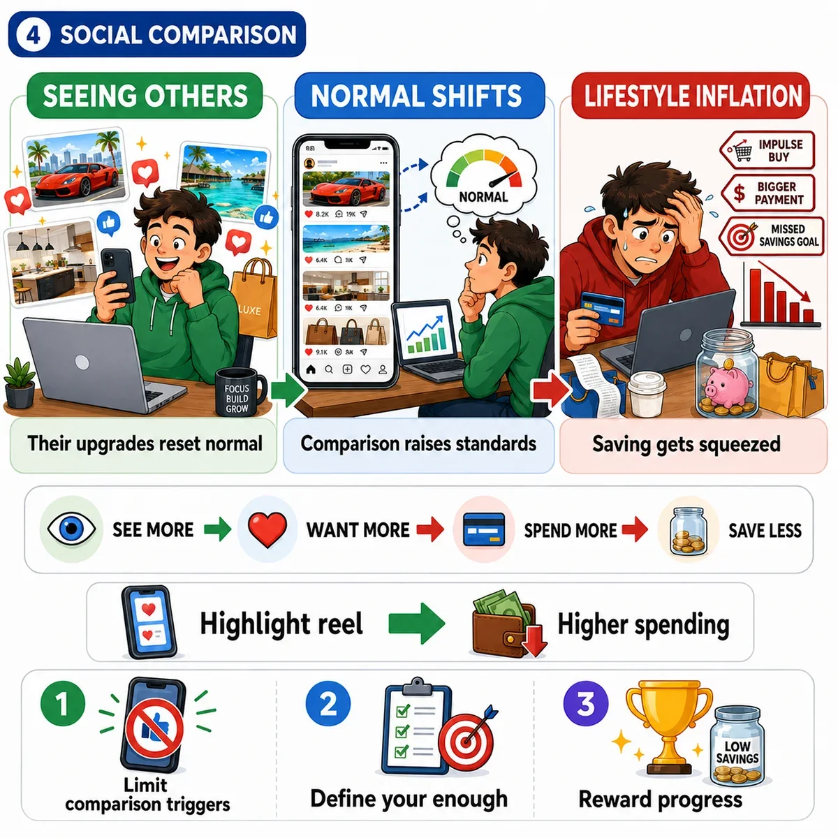 A visual representation explaining social comparison, normal shifts, and lifestyle inflation. It highlights how observing others can affect spending and saving habits.