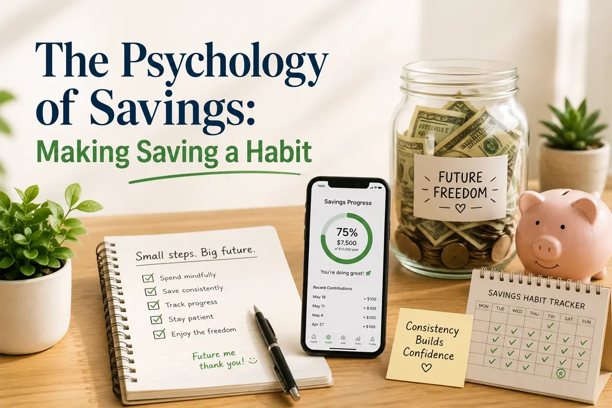 A motivational workspace showcasing savings progress with a smartphone app, notes, and a piggy bank. Emphasizes themes of future financial freedom and confidence.