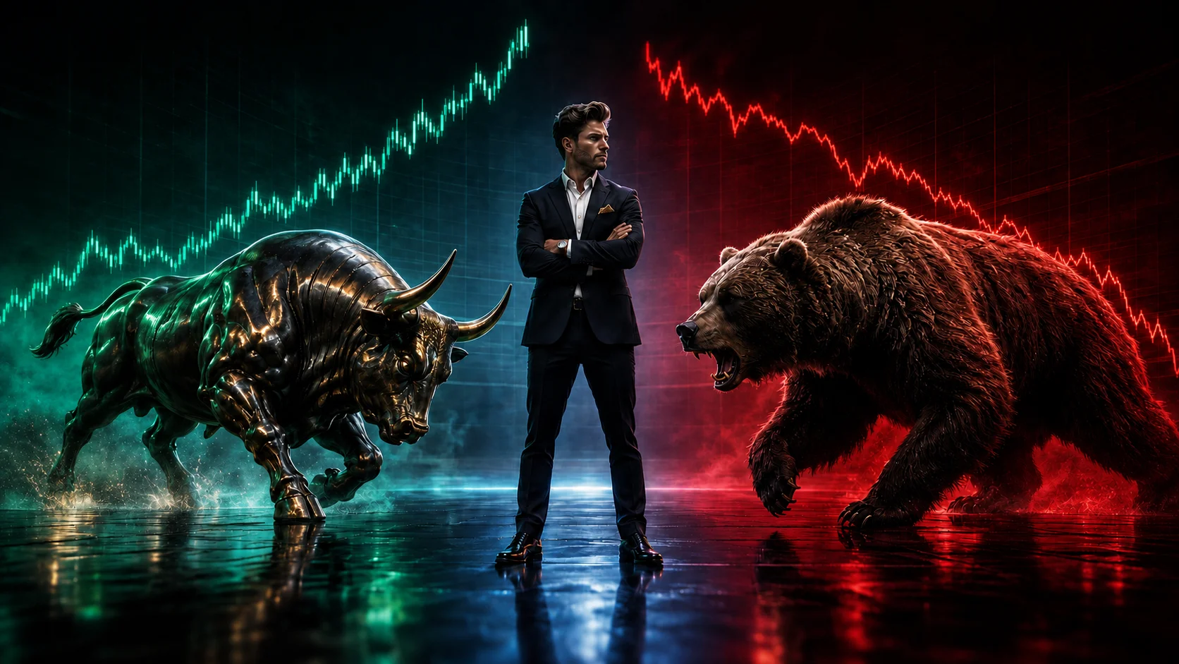 A businessman stands confidently between a golden bull and a fierce bear, symbolizing market trends in finance. The background features a rising green chart and a declining red chart.