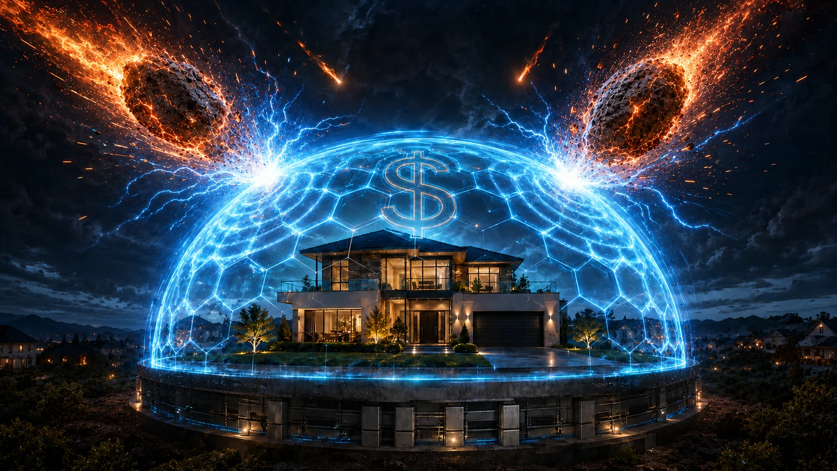 A luxury home sits beneath a glowing blue financial shield as fiery meteors strike it, symbolizing wealth protection and financial security.
